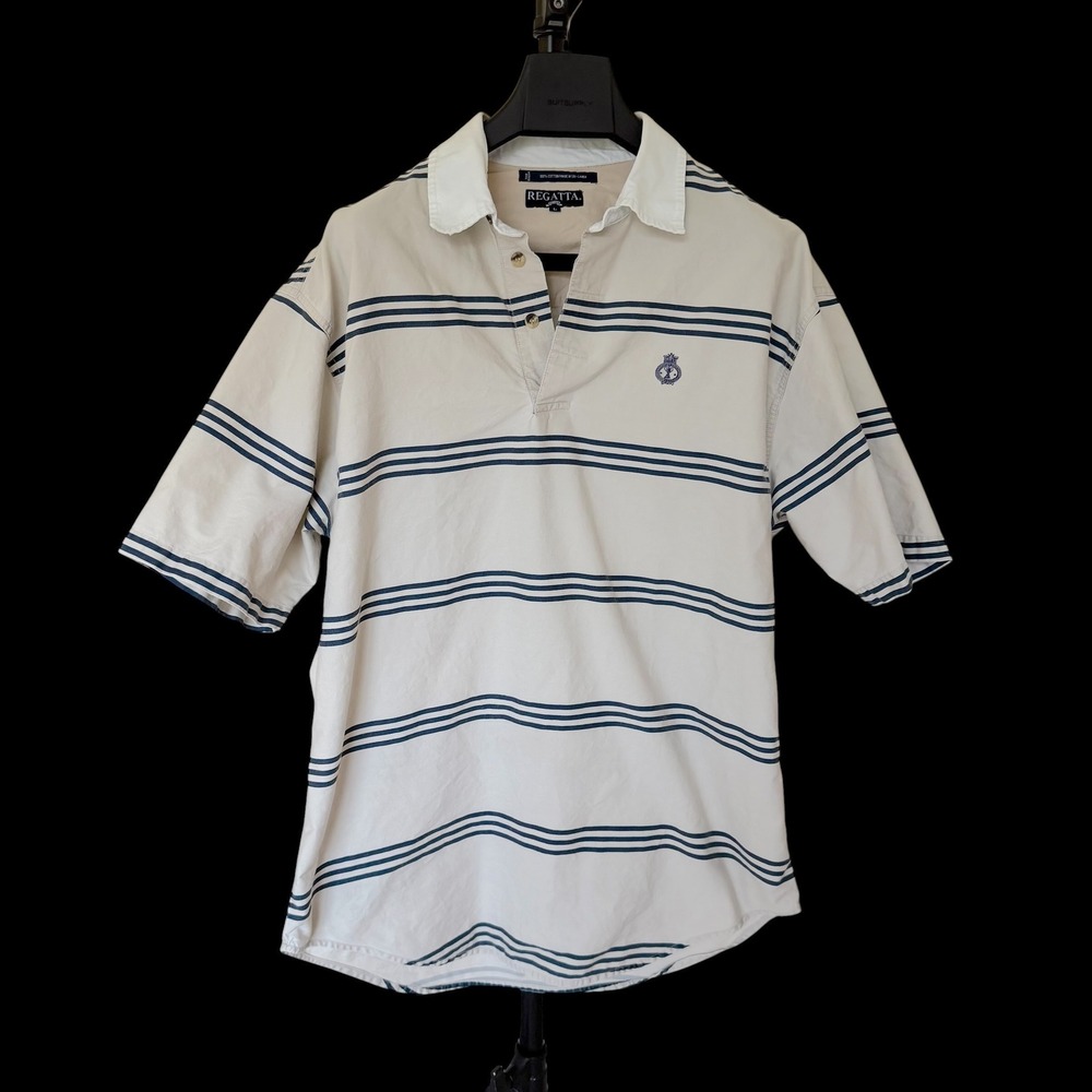 Y2K Regatta Large Cream Navy Blue Striped Short Sleeve Rugby Polo Shirt Cotton